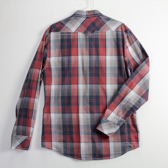 BKE Western Shirt Mens XL Tailored Fit Red Gray Plaid Contrast Stitch Pearl Snap - Picture 9 of 11